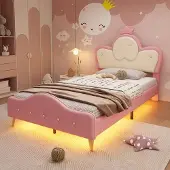 Hobby Hall Sänky 90x200CM, LED-valonauha, kruununmuotoinen sängynpääty, lastensänky, PU-materiaalia, pinkki