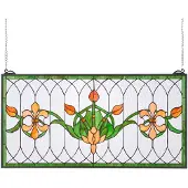 Vevor -lasimaalauspaneeli, 810 x 433 mm, Tiffany-tyylinen riippuva ikkunapaneeli ketjulla, suuri vaakasuora suorakaiteen muotoinen lasimaalaus, vintage-tyylinen perinteinen taidekäsityö keittiön sisust