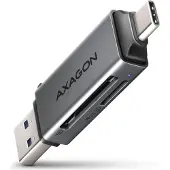Axagon Muistikortinlukija 2-paikkainen SD/mSD, 3.2 Gen1 USB-C+A, harmaa