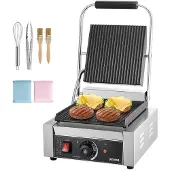 Vevor -ammattimainen panini-grilli, 1800 W:n sähköinen voileipäpanini-kone, ruostumattomasta teräksestä valmistettu voileipägrilli kahvalla ja lämpötilan säädöllä, 22x23 cm:n litteä emalilevy, hampuril
