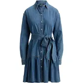 Ralph Lauren Belted Denim Tiered Shirtdress - Blue - 44
