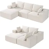 Vevor -modulaarinen sohva, L-muotoinen modulaarinen sohva divaanilla, pilvinen sohva, jossa on korkea palautussieni ja tiheys, verhoiltu sametti-sohva tyynyllä olohuoneeseen, asunto, beige