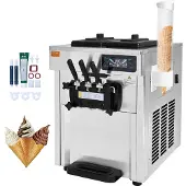 Vevor -jäätelökone ammattikäyttöön, tuotto 18–28 l/h, 1650 W:n 3 makua, pöytämallin pehmisjäätelökone, 2 x 5,5 litran ruostumattomasta teräksestä valmistettua sylinteriä, LED-paneeli, automaattinen puh
