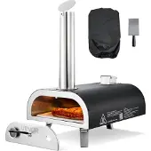 Vevor ulkopizzauuni, 12 tuuman puulämmitteiset pizzauunit, pellettipizzauuni lämpömittarilla, kannettava pizzakone ulkopihan terassille, pizzakivi, kantolaukku, lapio, musta