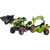 Falk Claas Arion 410 -polkutraktori kärryllä ja etukuormaajalla,