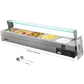 Vevor -ammattimainen ruoanlämmitin, 5-pannuinen sähköinen höyrypöytä lasikannella, 1500 W:n työtasolle tarkoitettu ruostumattomasta teräksestä valmistettu buffet-bain marie, jossa 30–85 °C:n lämpötilan