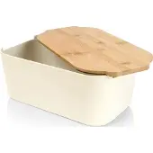 By Lille Vilde Tilava kermanvärinen leipälaatikko bambuleikkuulaudalla
