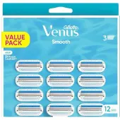 Gillette Venus Smooth Naisten partakoneen terien täydennystarvikkeet, 12 kpl, 3 kaarevaa terää suojapehmusteiden ympäröimänä.