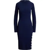 Ralph Lauren Button-Trim Ribbed Cotton-Blend Dress - Navy - S