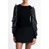 French Connection Krista Mix Ruffle Trim Slv Top - Black - XS
