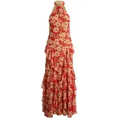 Ralph Lauren Floral Ruffle-Trim Georgette Halter Gown - Red - 40