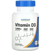 Nutricost - D3-vitamiini 1000 IU (240 pehmeää kapselia)