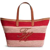 Tommy Hilfiger Ostoskassi 'Woven Stripe Logo Appliqué Tote' vaaleanruskea / roosa / punainen