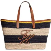 Tommy Hilfiger Ostoskassi 'Woven Stripe Logo Appliqué Tote' beige / laivastonsininen / karamelli / keltainen