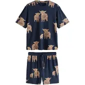 Next Lyhyt pyjama 'Hamish The Highland Cow' tummabeige / yönsininen