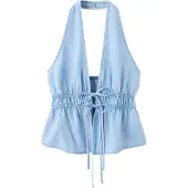 Mango V-Neck Denim Top With Bow - Blue - L