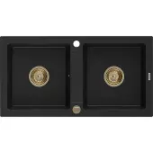 Mexen Mario graniittinen 2-allas keittiöallas 820 x 436 mm, musta, kullanvärinen sifoni - 6504822000-77-G