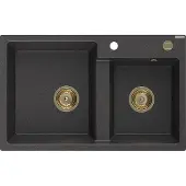 Mexen Tomas 2-kyykkyinen graniittinen keittiöallas 800 x 500 mm, musta laikukas, kultainen sifoni - 6516802000-76-G