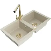 Mexen Mario 2-osuuksinen graniittinen pesuallas keittiöhanalla Duero, beige - 6504-69-671600-50