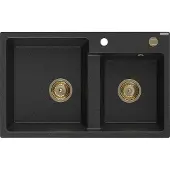Mexen Tomas graniittinen 2-tilainen keittiöallas 800 x 500 mm, musta/hopeinen metalli, kultainen vesilukko - 6516802000-73-G