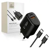 TechProtection NCA45W 2-porttinen GaN-seinälaturi USB-C-kaapelilla – 45 W – musta