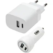 Speedlink Seinä- ja autolaturisarja USB-A & USB-C 15W, valkoinen