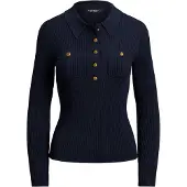 Ralph Lauren Rib-Knit Long-Sleeve Polo Sweater - Navy - S