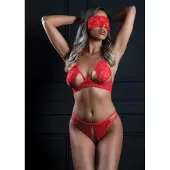 Vuxen 3PC Set Bra, Panty and Blindfold - Red