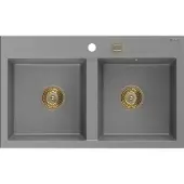 Mexen Hektor graniittinen 2-tilainen pesuallas 800 x 480 mm, harmaa, kultainen sifoni - 6521802000-71-G