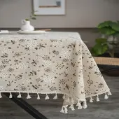 MaxPower Voikukka Beige Tupsu Pöytäliina, Boheemi Maalaistyylinen Retro Pöytäliina , 140*140cm