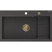 Mexen Omar Graniittinen 1-osainen keittiöallas 800 x 480 mm, musta kirjavilla, kultainen vesilukko - 6520801005-76-G