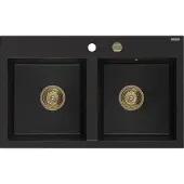 Mexen Hektor graniittinen 2-osainen tiskiallas 800 x 480 mm, musta, kultainen sifoni - 6521802000-77-G