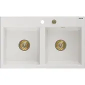 Mexen Hektor Graniittinen 2-allas keittiöallas, 800 x 480 mm, valkoinen, kultainen sifoni - 6521802000-20-G