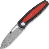 Kansept Knives Mato Damascus kääntöveitsi, Twill CF/Red and Black G-10