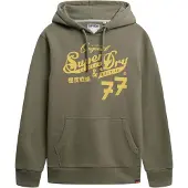 Superdry for man. M2014353A Leather & Boot Co Script dark khaki hoodie (M), Casual, Green, Cotton