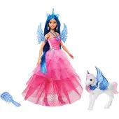 Barbie Yksisarvislelu 65-vuotisjuhlan muistonukke sinisill hiuksilla, pinkill mekolla ja asusteilla, kuten safiirinsiivill ja lemmikki-alicorn