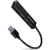 Axagon 4-porttinen 3.2 Gen1 USB-A -hubi, RJ-45, musta