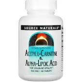 Source naturals Asetyyli-L-karnitiini &amp; Alfa-lipoiinihappo 650 mg, 60 kasvispohjaista tablettia