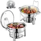 Vevor -lämpökupin buffet-setti, 5 litran 2 kpl, ruostumattomasta teräksestä valmistettu lämpökuppi 2 täysikokoisella pannulla, pyöreä tarjoilulämmitin lasikannella, vesipannu, taitettava jalusta, poltt