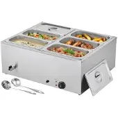 Vevor -ammattimainen ruoanlämmitin, 1500 W:n sähköinen ruostumattomasta teräksestä valmistettu höyrylämmitin kannella, 6-pannuinen nopea lämmityspöytätason buffet-bain marie keitolla ja rei'itetyillä k