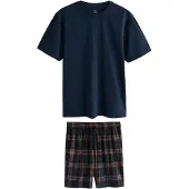 Next Lyhyt pyjama 'Motion Flex' laivastonsininen / vaaleansininen / konjakki / valkoinen