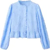 Mango Embroidered Blouse With Frill Detail - Blue - L