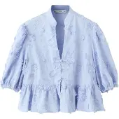 Mango Embroidered Puff-Sleeve Blouse - Blue - L