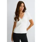 Gina Tricot Lace Detail Rib Top - White - M
