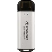 Transcend ESD300S 1 Tt USB 3.2 Gen 2 (USB-C) -ulkoinen SSD, kannettava, laitteistosalaus, salasanasuojaus, hopea