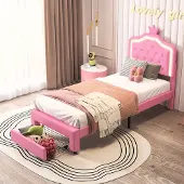 Rosahqnda Vaaleanpunainen prinsessasänky tytöille 90x200 cm kruunulla ja LED-valaistuksella. Lastensänky laatikolla, PU