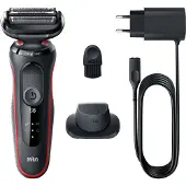 Braun Series 5 51-R1200S, Teräverkollinen parranajokone, Musta, Punainen, AutoSense, Painikkeet, Akku, Sisäänrakennettu akku
