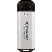 Transcend ESD300 2 Tt USB-C -ulkoinen SSD, kannettava, laitteistosalaus, salasanasuojaus, hopea