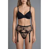 Vuxen Sexy Embroidery Lace Garter Panty Black