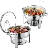 Vevor -lämpökupin buffet-setti, 5 litran 2 kpl, ruostumattomasta teräksestä valmistettu lämpökuppi 2 täysikokoisella pannulla, pyöreä tarjoilulämmitin lasikannella, vesipannu, taitettava jalusta, poltt